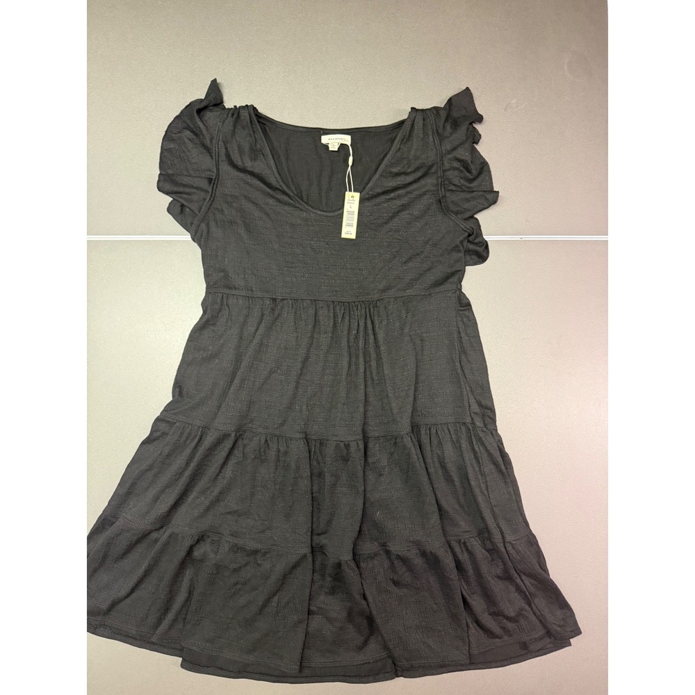 Max Studio Black Tiered Flutter Sleeve Babydoll Dress fun whimsy casual boho L